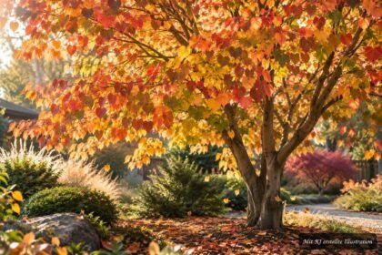 Lebkuchenbaum im Garten mit herbstlich gefärbtem Laub und charakteristischem Karamellduft