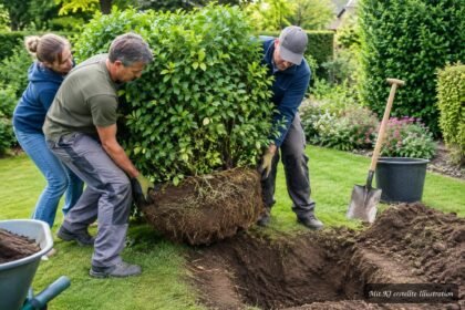 Ligusterhecke wird vorsichtig ausgegraben und für den Standortwechsel vorbereitet