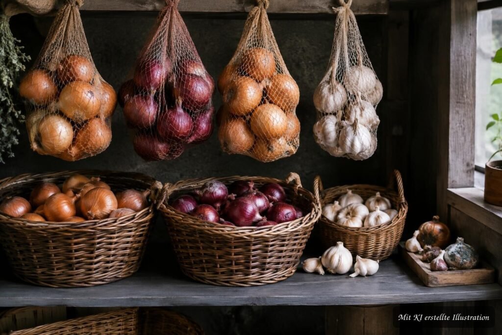 Zwiebeln und Knoblauch lagern in luftigen Netzen und Körben, um Schimmel und vorzeitiges Austreiben zu vermeiden