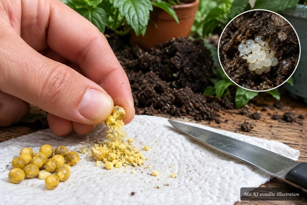 Gelbe Kugeln in Blumenerde beim praktischen Test auf Schneckeneier oder Langzeitdünger