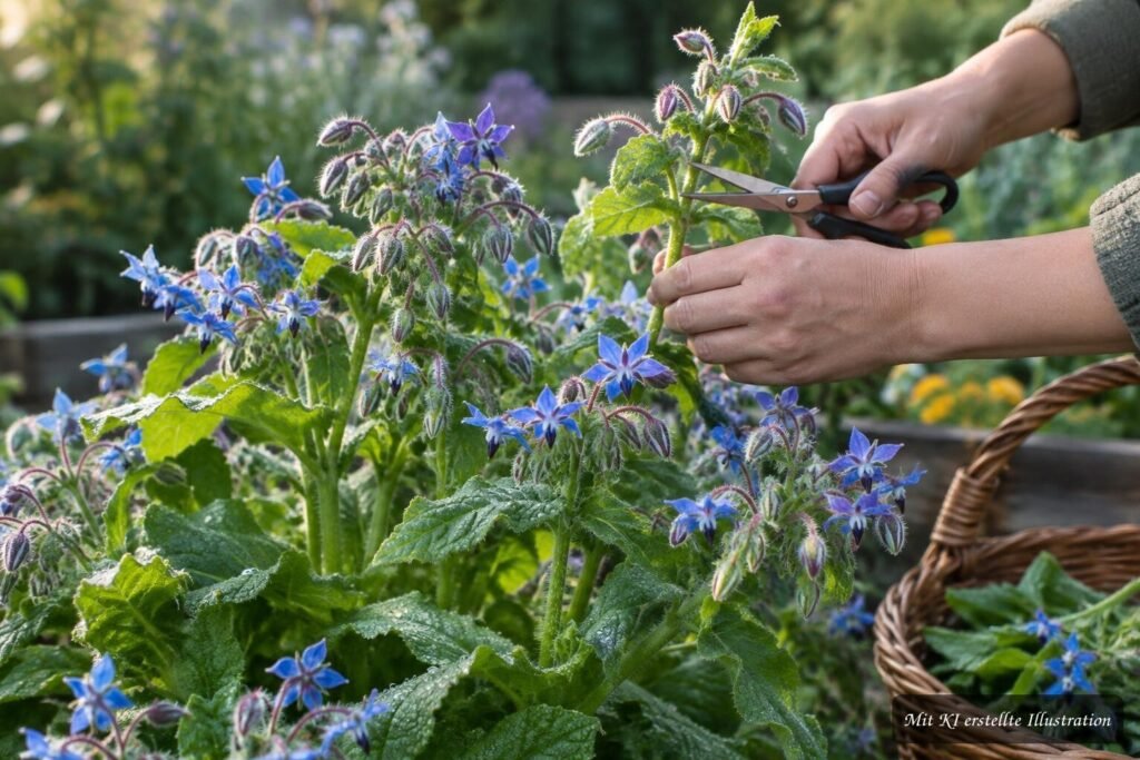 Borretsch erkennen und verwenden: Blüten, Blätter und mögliche Risiken Borretsch mit blauen Blüten und Blättern im Garten zur sicheren Ernte