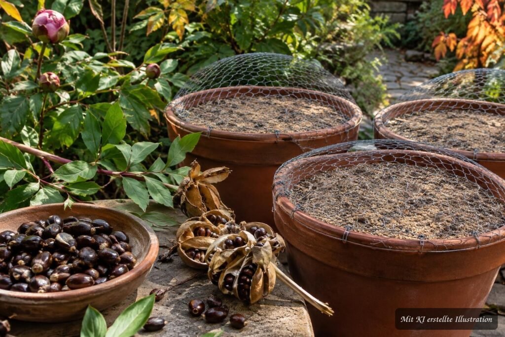Pfingstrosen aus Samen ziehen: Warum die Keimung mehrere Jahre dauern kann Pfingrosen-Samen werden für die Aussaat im Garten vorbereitet und zeigen, warum ihre Keimung mehrere Jahre dauern kann.