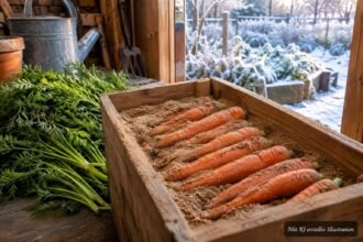 Frische Möhren werden sorgfältig für die Winterlagerung im Keller vorbereitet