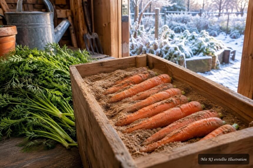 Frische Möhren werden sorgfältig für die Winterlagerung im Keller vorbereitet