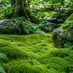 Saftig grüner Moosteppich im Garten als natürliche, weiche und geschlossene Rasenalternative
