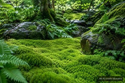Saftig grüner Moosteppich im Garten als natürliche, weiche und geschlossene Rasenalternative