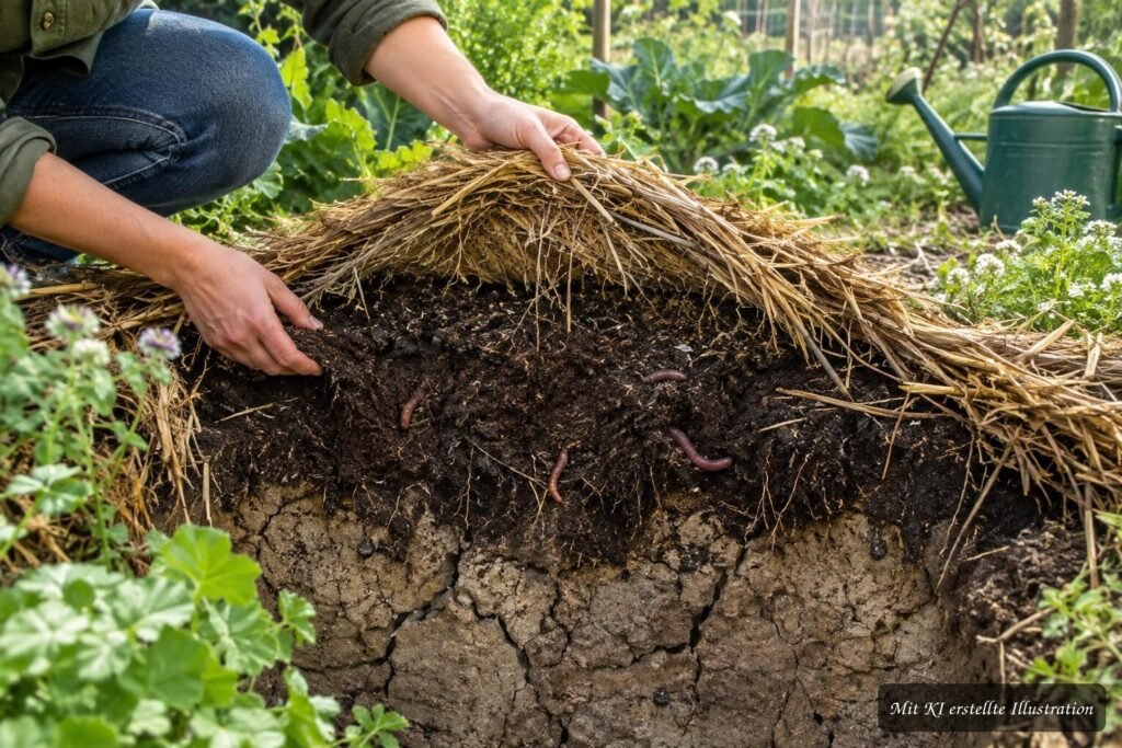 Trockener Boden trotz Gießen: Mulch bedeckt die oberste Schicht eines Beetes im Sommer 2026