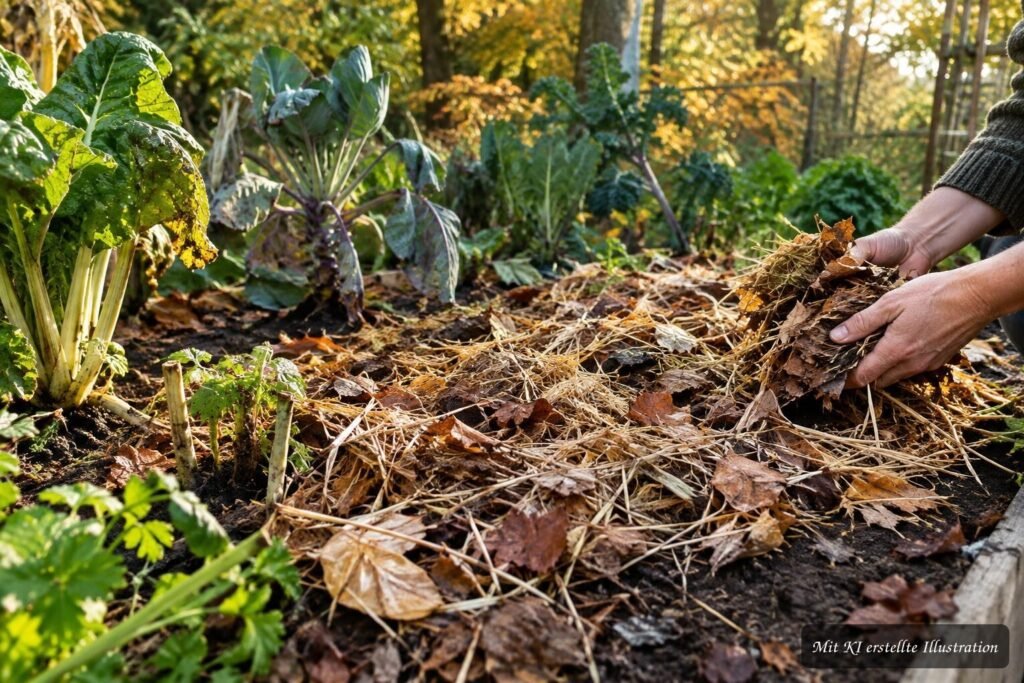 Gemüsegarten im Herbst mit Mulchschicht statt Umgraben zur Schonung der Erde
