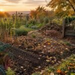 Herbstlicher Gemüsegarten mit Beeten, Laub und Spaten zur Bodenpflege