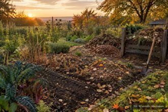Herbstlicher Gemüsegarten mit Beeten, Laub und Spaten zur Bodenpflege