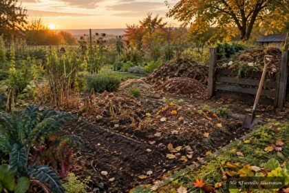 Herbstlicher Gemüsegarten mit Beeten, Laub und Spaten zur Bodenpflege