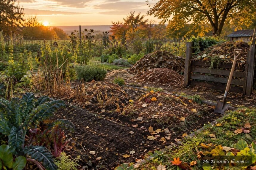 Herbstlicher Gemüsegarten mit Beeten, Laub und Spaten zur Bodenpflege