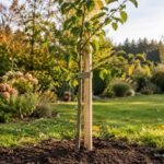 Junger Obstbaum mit Stützpfahl und fachgerecht befestigter Baumbindung im Garten
