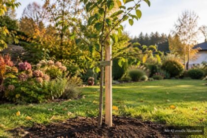 Junger Obstbaum mit Stützpfahl und fachgerecht befestigter Baumbindung im Garten