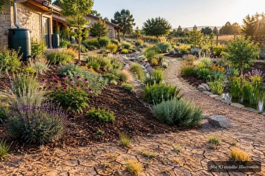 Gartenplanung nach Dürresommer mit trockenheitsverträglichen Pflanzen und Regenwassermanagement