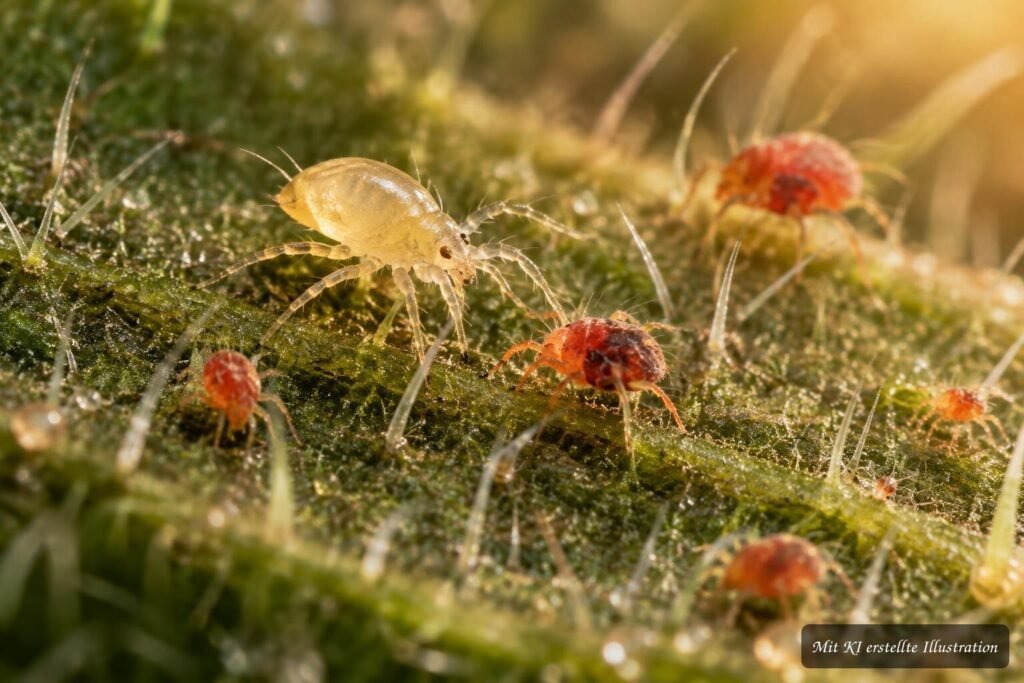 Raubmilben oder Spinnmilben? So erkennen Sie den Unterschied sicher Neoseiulus californicus auf einem Blatt unter trockeneren Bedingungen zur biologischen Spinnmilbenbekämpfung