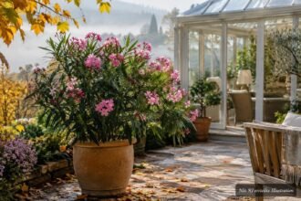 Oleander im Kübel steht im Herbst geschützt vor dem ersten Frost