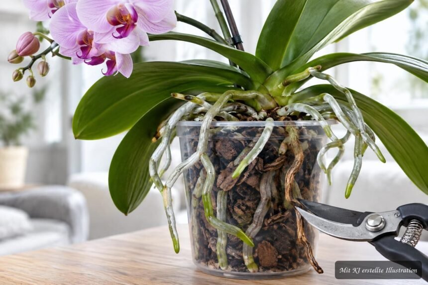 Gesunde und vertrocknete Orchideen-Luftwurzeln im Vergleich mit Gartenschere