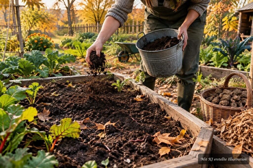 Welcher Dünger eignet sich für den Garten im Herbst? Organischer Dünger wird im Herbst im Gartenboden verteilt und eingearbeitet.