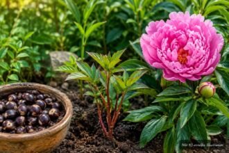 Rosa Pfingstrosen im Garten symbolisieren Geduld beim langwierigen Ziehen aus Samen