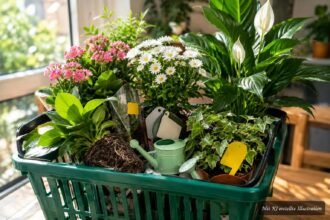 Saftig grüne Discounter-Pflanzen zwischen Einkaufswagen und bunten Blüten im Supermarkt
