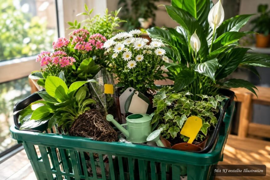 Pflanze oder Schnäppchen? Was du beim Kauf von Discounter-Pflanzen beachten solltest Saftig grüne Discounter-Pflanzen zwischen Einkaufswagen und bunten Blüten im Supermarkt