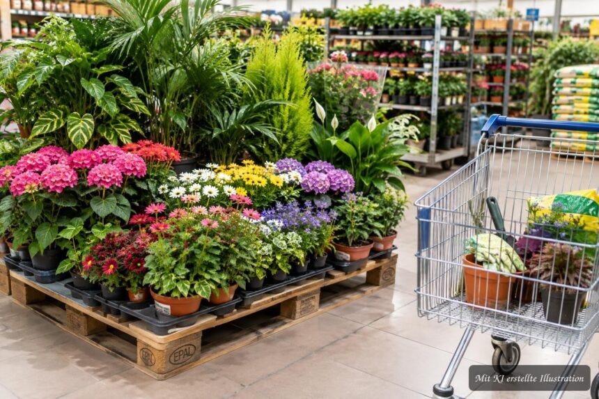 Blühende Discounterpflanzen auf einer Palette zwischen Einkaufswagen und Supermarktregalen