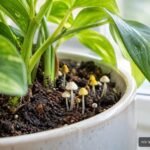 Kleine gelbe und weiße Pilze wachsen aus feuchter Blumenerde einer Zimmerpflanze