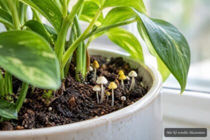 Kleine gelbe und weiße Pilze wachsen aus feuchter Blumenerde einer Zimmerpflanze