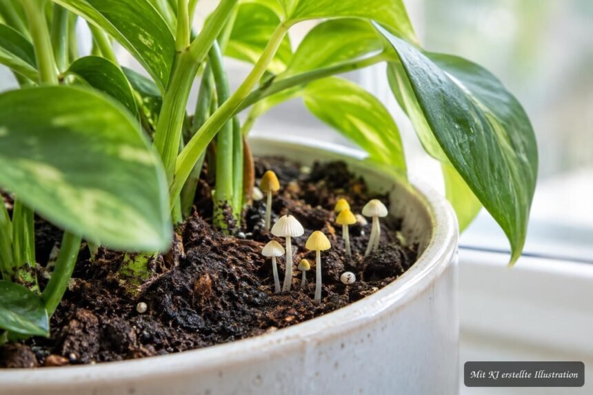 Pilze in der Blumenerde: Warum sie wachsen und ob sie gefährlich sind Kleine gelbe und weiße Pilze wachsen aus feuchter Blumenerde einer Zimmerpflanze