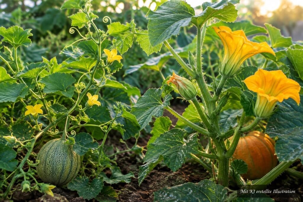 Junge Melonen- und Kürbispflanzen mit Ranken und Blüten im Vergleich