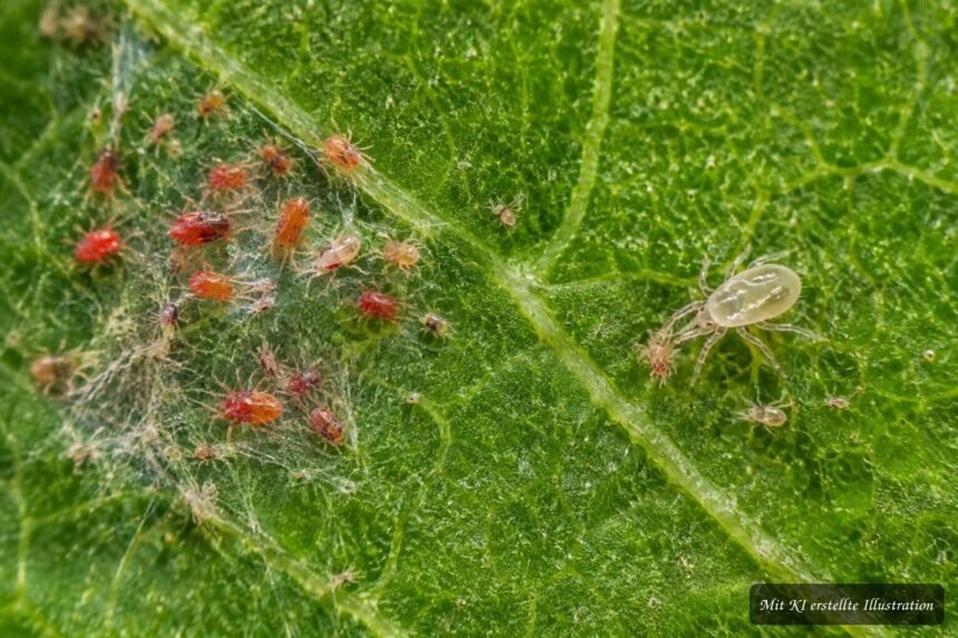 Raubmilben oder Spinnmilben? So erkennen Sie den Unterschied sicher Lupe zeigt den Unterschied zwischen schädlichen Spinnmilben und nützlichen Raubmilben auf Blättern