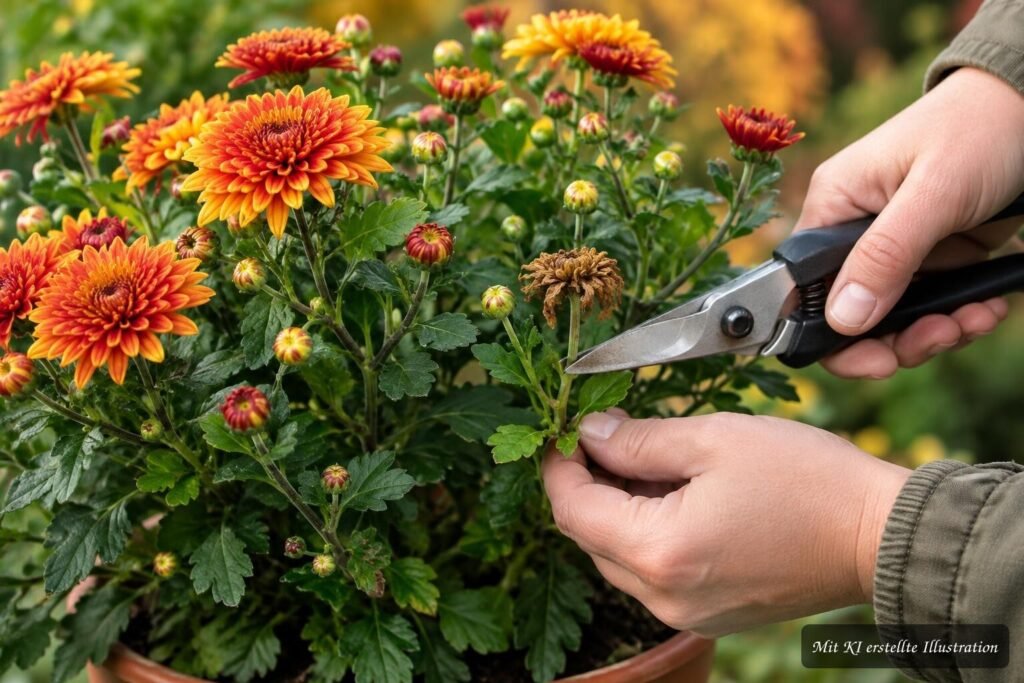 Chrysanthemen werden regelmäßig ausgeputzt, damit sie neue Blüten bilden und länger schön bleiben.