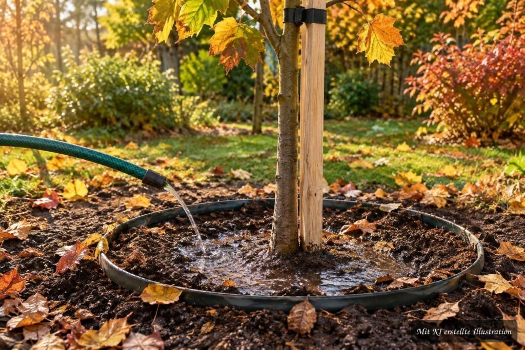 Frisch gepflanzter Baum wird im Herbst gründlich an der Wurzel gewässert
