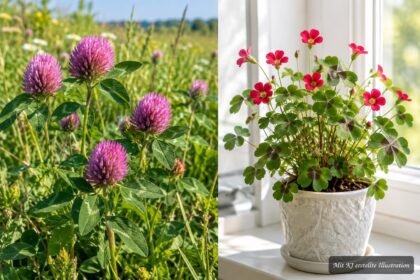 Rotklee und roter Glücksklee im Vergleich mit unterschiedlichen Blättern und Wachstumsformen