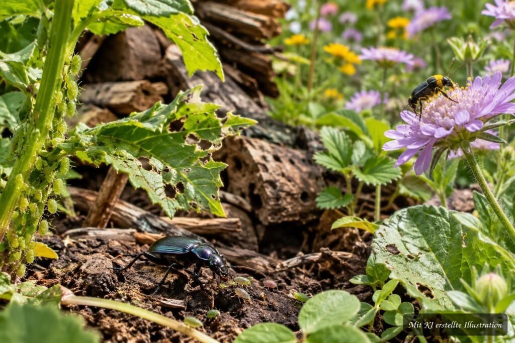 Kleine schwarze Käfer auf einem Blatt im Garten zur Bestimmung als Schädling oder Nützling