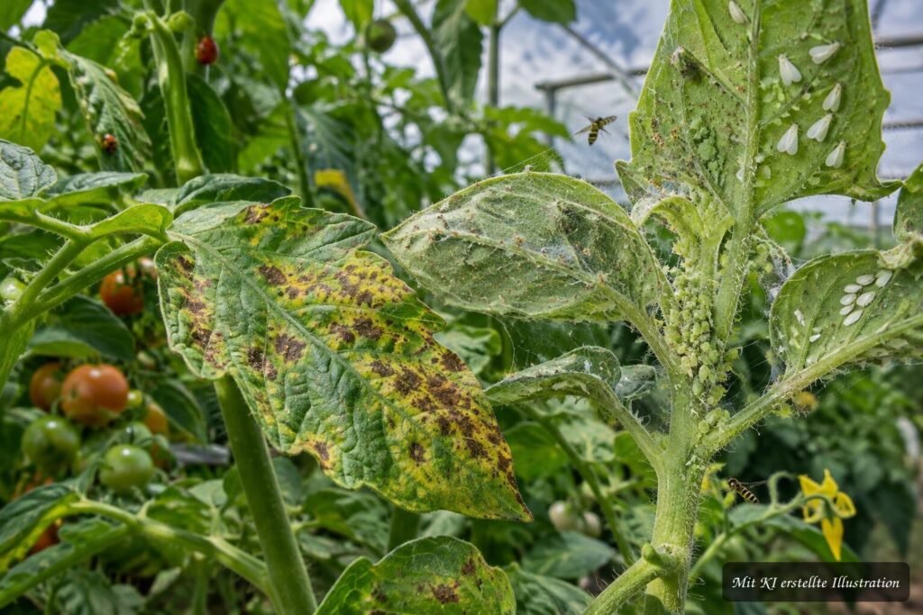 Tomatenblatt mit braunen Flecken und sichtbaren Schädlingsspuren im Garten