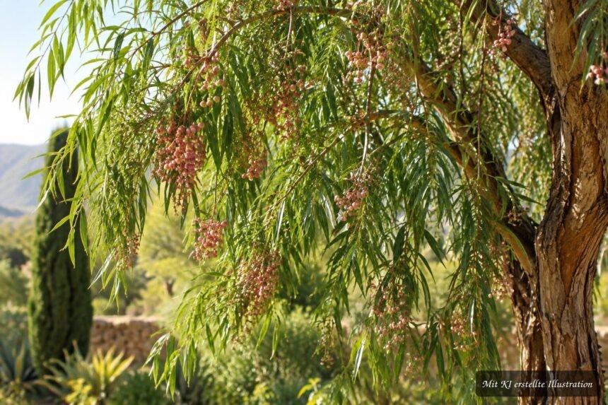 Schinus molle erkennen: Wissenswertes über den Peruanischen Pfefferbaum Peruanischer Pfefferbaum mit hängenden Zweigen und aromatischen roten Früchten