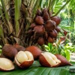 Schlangenfrucht mit schuppiger Haut und aufgeschnittener Frucht der tropischen Salakpalme