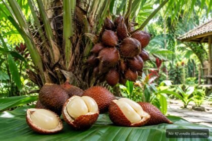 Schlangenfrucht mit schuppiger Haut und aufgeschnittener Frucht der tropischen Salakpalme