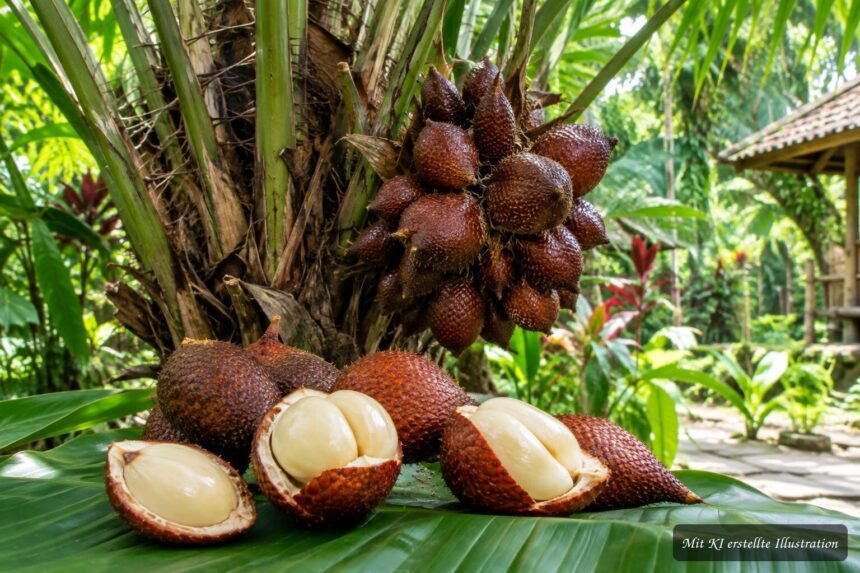 Schlangenfrucht mit schuppiger Haut und aufgeschnittener Frucht der tropischen Salakpalme