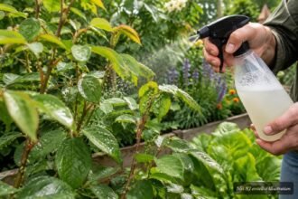 Schmierseifenlösung bekämpft Blattläuse auf grünen Pflanzen im Garten