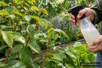 Schmierseifenlösung bekämpft Blattläuse auf grünen Pflanzen im Garten