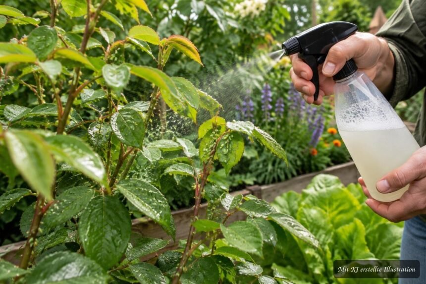 Schmierseife gegen Blattläuse: Wirkung, Anwendung und mögliche Risiken Schmierseifenlösung bekämpft Blattläuse auf grünen Pflanzen im Garten