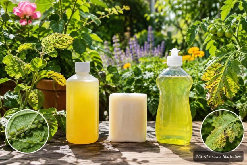 Vergleich von Schmierseife, Kaliseife und Spülmittel zur Schädlingsbekämpfung im Garten