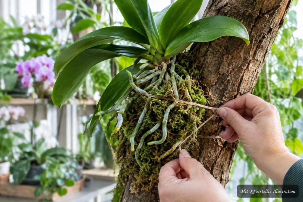 Orchidee wird Schritt für Schritt auf einem Baumstamm befestigt und für die epiphytische Kultur vorbereitet