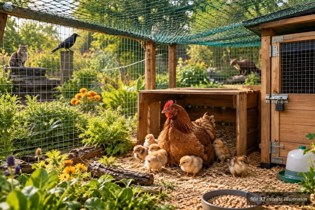 Henne mit Küken in einem geschützten Nest im Garten