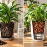 Rotes Seramis-Tongranulat neben klassischer Blumenerde für Zimmerpflanzen im direkten Vergleich