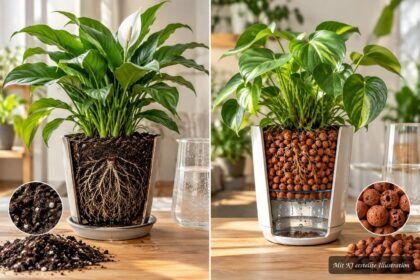 Rotes Seramis-Tongranulat neben klassischer Blumenerde für Zimmerpflanzen im direkten Vergleich