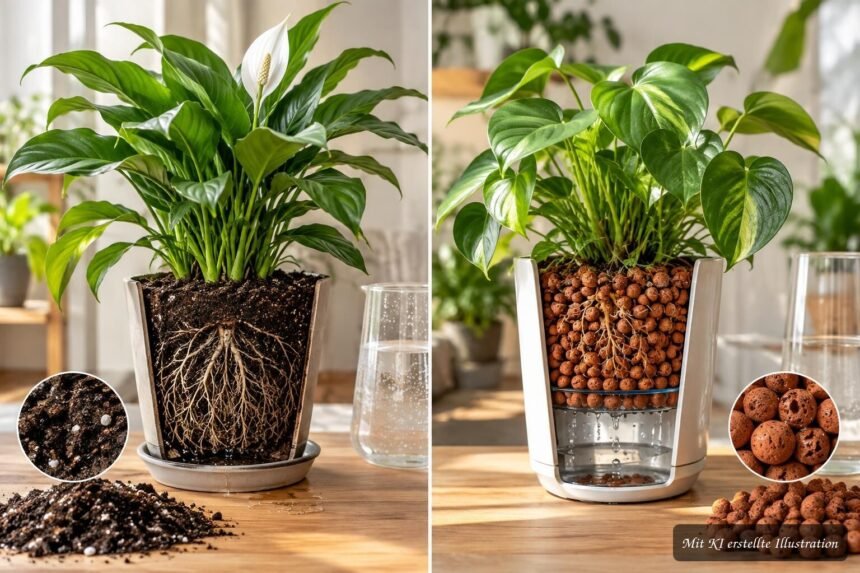 Rotes Seramis-Tongranulat neben klassischer Blumenerde für Zimmerpflanzen im direkten Vergleich